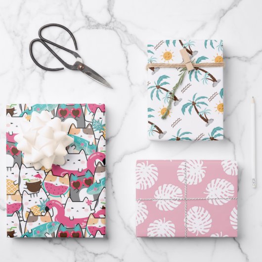 Sommerkatze Tropenbaum Geschenkpapier Set (Vorderseite)