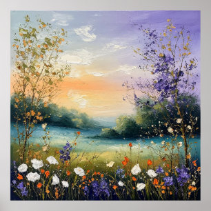 Sommerlandschaft mit Wildblumen und Bäumen Poster
