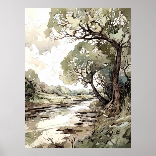 Sommerlandschaft Wasserfarbe Poster (Vorne)