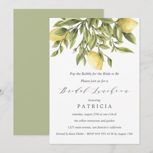 Sommerlemonen und Foliage Wedding Bridal Luncheon Einladung (Vorne/Hinten)