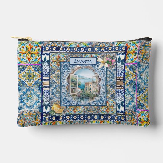 sommerlich bläuliche Kacheln Zitrusmonogramm d Zubehörtasche (Vorderseite)