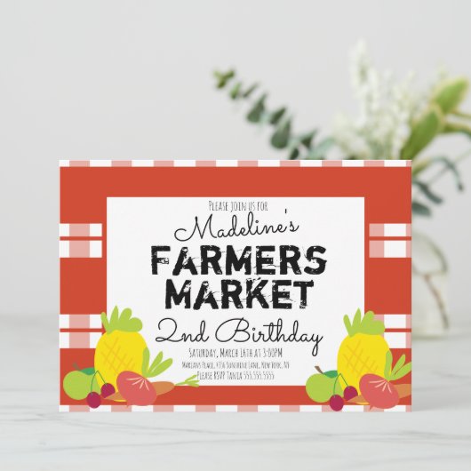 Sommerliche Bauern Markt Gemüse Picknick Geburtsta Einladung (Stehend Vorderseite)