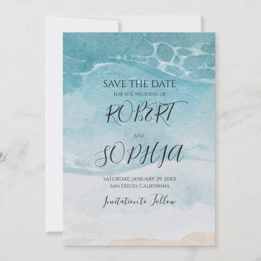Sommerliche blaue Strandhochzeit Save The Date (Vorderseite)