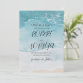 Sommerliche blaue Strandhochzeit Save The Date (Stehend Vorderseite)