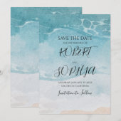 Sommerliche blaue Strandhochzeit Save The Date (Vorne/Hinten)