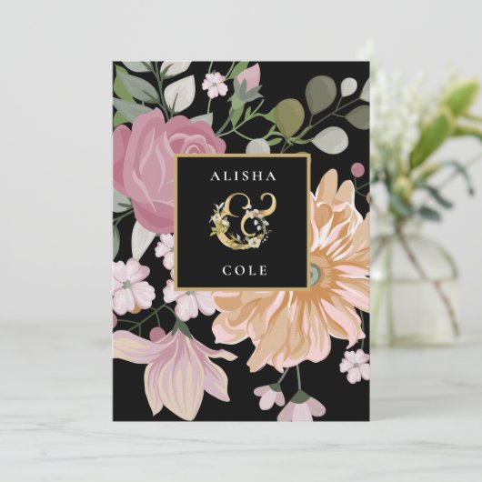 Sommerliche Blume auf der Schwarzen Hochzeit Einladung (Stehend Vorderseite)