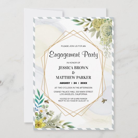 Sommerliche Blume Goldene Rahmen Verlobung Einladung (Vorderseite)