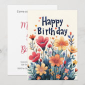 Sommerliche Blume & Herzen Geburtstag Einladung (Vorne/Hinten)
