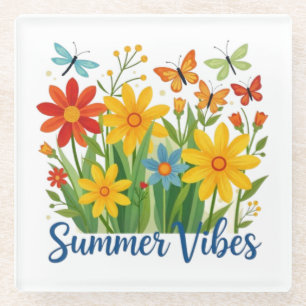 Sommerliche Blumen mit Schmetterlingen Glasuntersetzer