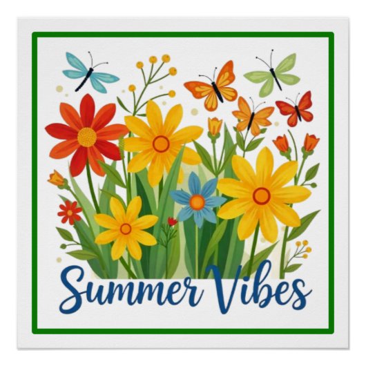 Sommerliche Blumen mit Schmetterlingen Poster (Vorderseite)