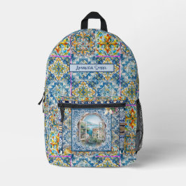 sommerliche italienische floralblaue Kacheln Zitru Bedruckter Rucksack
