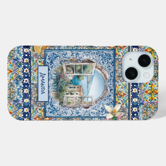 sommerliche italienische floralblaue Kacheln Zitru Case-Mate iPhone Hülle (Rückseite (Horizontal))