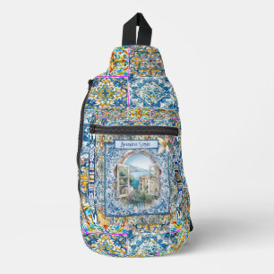 sommerliche italienische floralblaue Kacheln Zitru Crossbody Bag