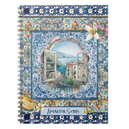 sommerliche italienische floralblaue Kacheln Zitru Notizblock
