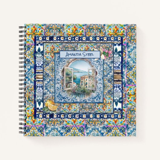 sommerliche italienische floralblaue Kacheln Zitru Notizblock (Vorderseite)