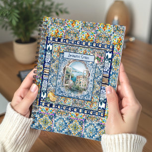 sommerliche italienische floralblaue Kacheln Zitru Notizblock