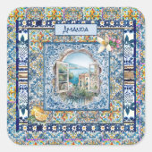 sommerliche italienische floralblaue Kacheln Zitru Quadratischer Aufkleber (Vorderseite)