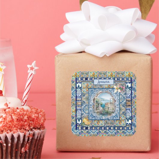 sommerliche italienische floralblaue Kacheln Zitru Quadratischer Aufkleber (Party)