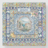 sommerliche italienische floralblaue Kacheln Zitru Steinuntersetzer (Vorderseite)