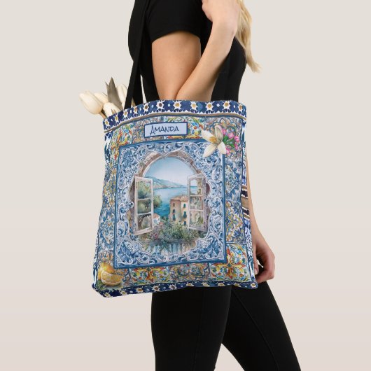 sommerliche italienische floralblaue Kacheln Zitru Tasche (Von Nahem)
