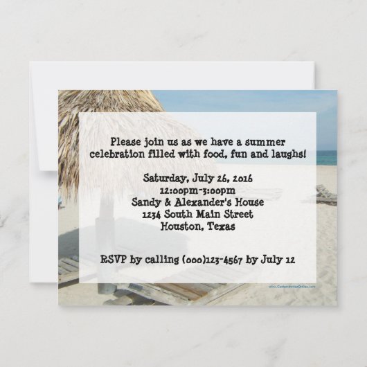 Sommerliche Party Einladung, Strand Cabana Einladung (Rückseite)