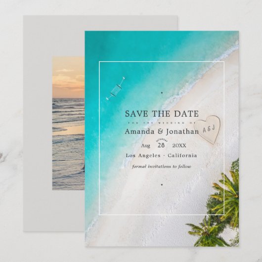 Sommerliche Strandhochzeits-Monogramm-Foto Save The Date (Vorne/Hinten)