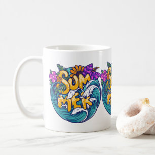 Sommerliche tropische Blumen Strand Ozeanwellen Kaffeetasse
