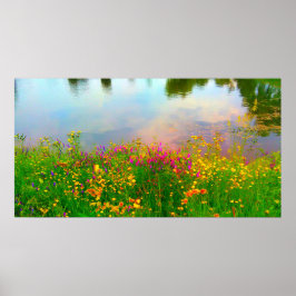 Sommerliche Wildblumen und Teich Poster
