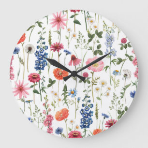 Sommerliche Wildblumen, wasserfarbenes nahtloses M Große Wanduhr