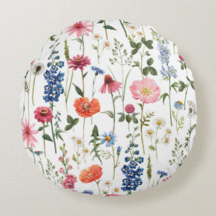 Sommerliche Wildblumen, wasserfarbenes nahtloses M Rundes Kissen
