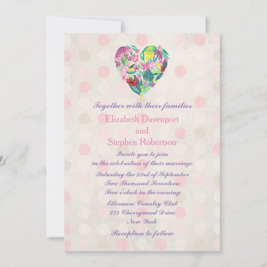 Sommerliches Herz in Rosa und Grün Einladung (Vorderseite)