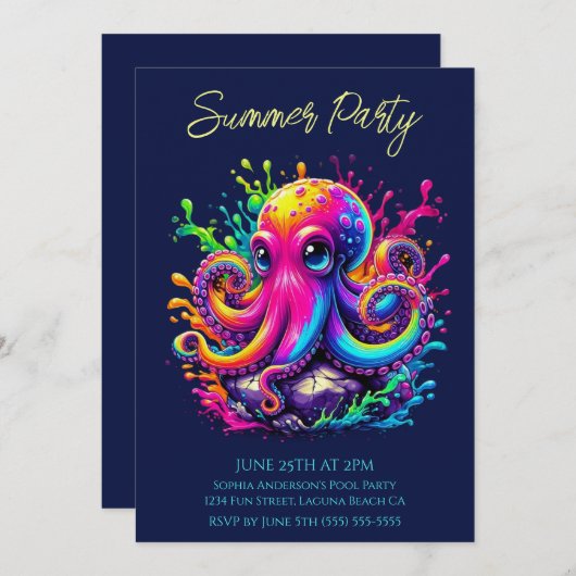 Sommerliches Party - farbenfrohe Oktopuspause Einl Einladung (Vorne/Hinten)