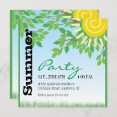 Sommerliches Party, grüne Blätter, gelbe Sonne Einladung (Vorne/Hinten)