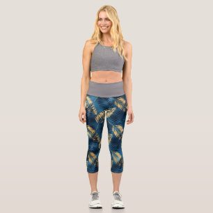 Sommerliches tropisches blaues Palmblätter-Muster Capri Leggings