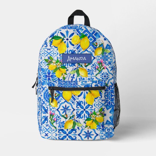 Sommermajolika blau sizilianische Zitrusfrüchte Mi Bedruckter Rucksack (Vorderseite)