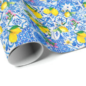 Sommermajolika blau sizilianische Zitrusfrüchte Mi Geschenkpapier (Rolleneckpunkt)