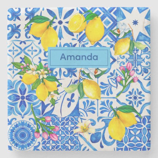 Sommermajolika blau sizilianische Zitrusfrüchte Mi Steinuntersetzer (Vorderseite)