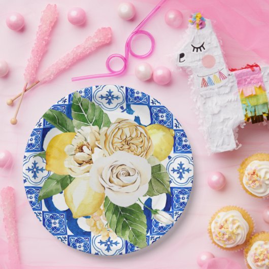 Sommermediterrane Zitrone und Blume  Pappteller (Party)