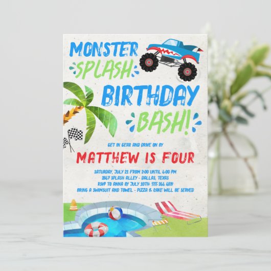Sommermonster Truck Geburtstagsparty Einladung (Stehend Vorderseite)