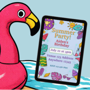 Sommerparty Farbige Pop-Art-Geburtstagsfeier Einladung