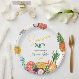Sommerparty gelbe tropische Früchte Einladung Pappteller