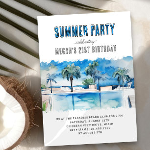 Sommerparty-Wasserfarbe-Tropischer-Pool-Geburtstag Einladung