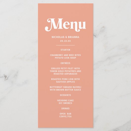 Sommerpfirsichhochzeit Menükarte (Vorderseite)