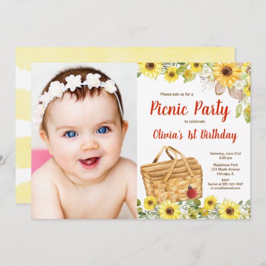 Sommerpicknick im Park Sonnenblumen Foto Einladung (Vorne/Hinten)