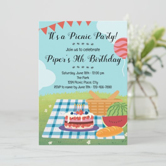 Sommerpiknic zum Geburtstag Einladung (Stehend Vorderseite)