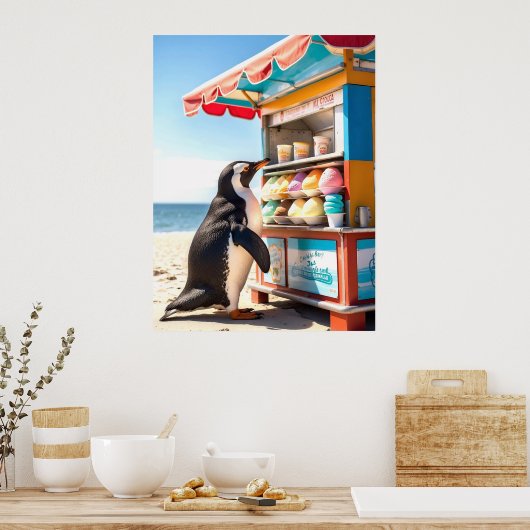 Sommerpinguin bei Eisdiele Poster (Küche)