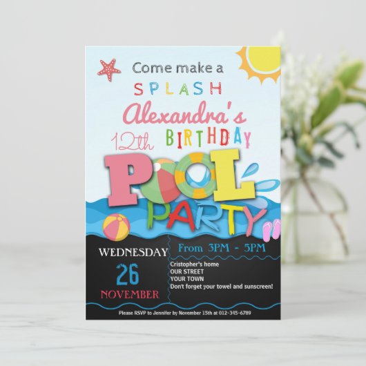 SOMMERPOOL-PARTY EINLADUNG | POOL BIRTHDAY PARTY (Stehend Vorderseite)