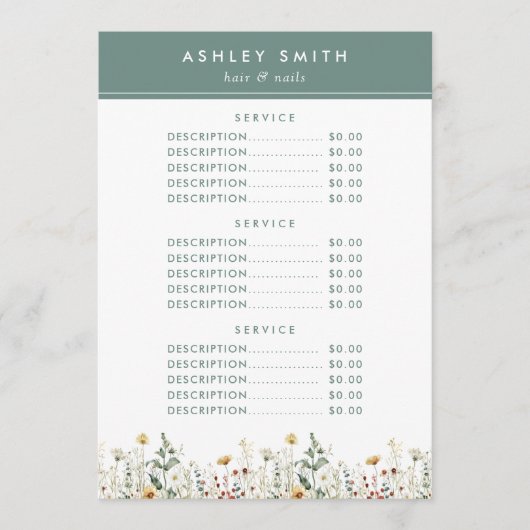 Sommerpreise für Wildblumen Menükarte (Vorderseite)