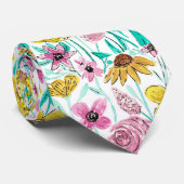 Sommerrosa Gelbe Blumen Wasserfarben Muster Krawatte (Gerollt)
