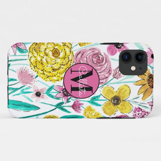 Sommerrosa Gelbe Blumen Wasserfarbenmonogramm Case-Mate iPhone Hülle (Rückseite (Horizontal))